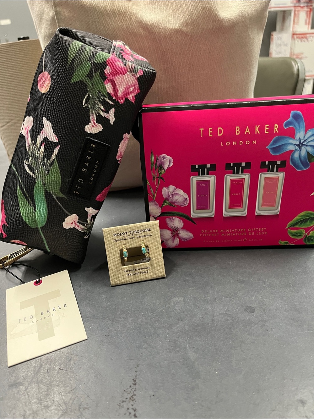 NWT Ted Baker Black Floral Zip Cosmetic Pouch Pink and Green Blooms 3pc bundle